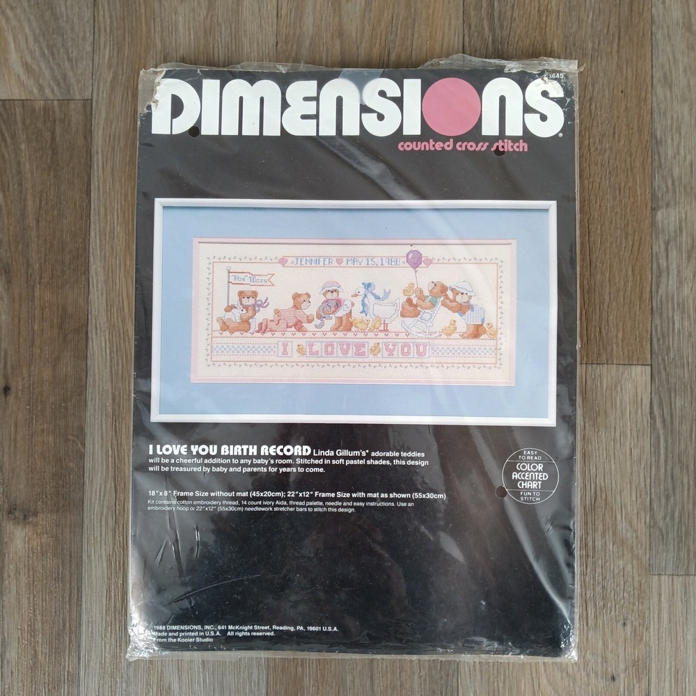 Dimensions I Love You Birth Record‎ Counted Cross Stitch Kit Linda Gillum 1988